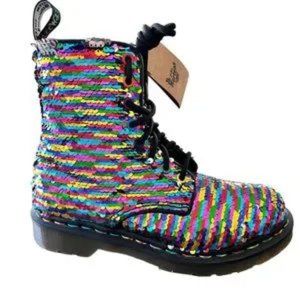 Dr. Marten 1460 Pascal Boots Platform Rainbow Sequin Silver Black Lace Up